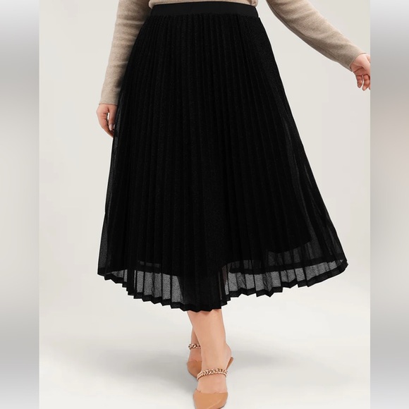 Solid Pleated Mesh Elastic Waist Skirt - Picture 4 of 5